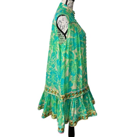 Miss June Floral Sleeveless Ruffle Dress Green Beige Gold-Button Womens One Size - Picture 2 of 7